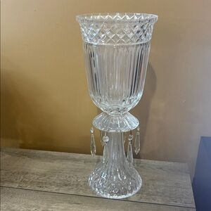 Vintage Cut Crystal Pedestal Hurricane Candle Holder w/ Hanging Prism Drops 3B